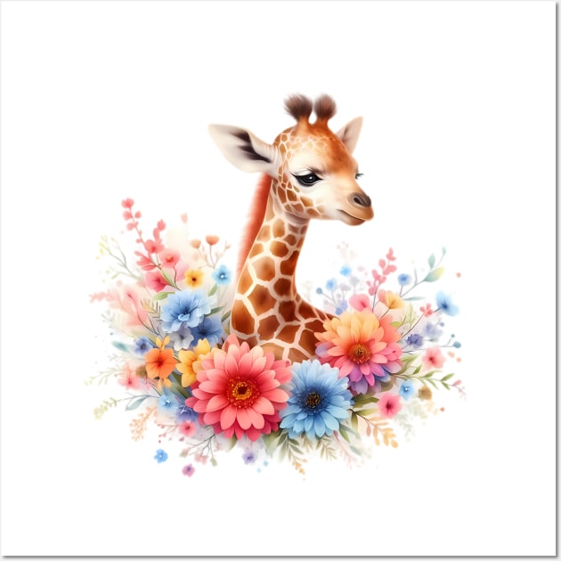 A baby giraffe decorated with beautiful colorful flowers. Wall Art by CreativeSparkzz